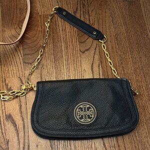 Tory Burch Black Leather Shoulder Bag with Gold Chain